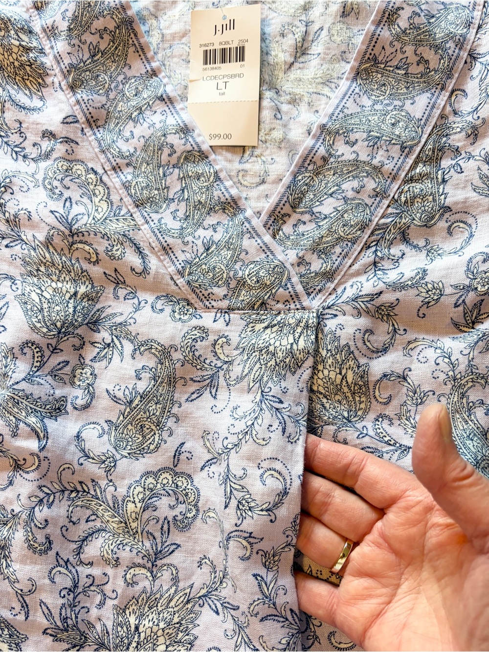 NWT JJill Women's Linen V-Neck 3/4 Sleeve Top - Light Lavender Floral L/T